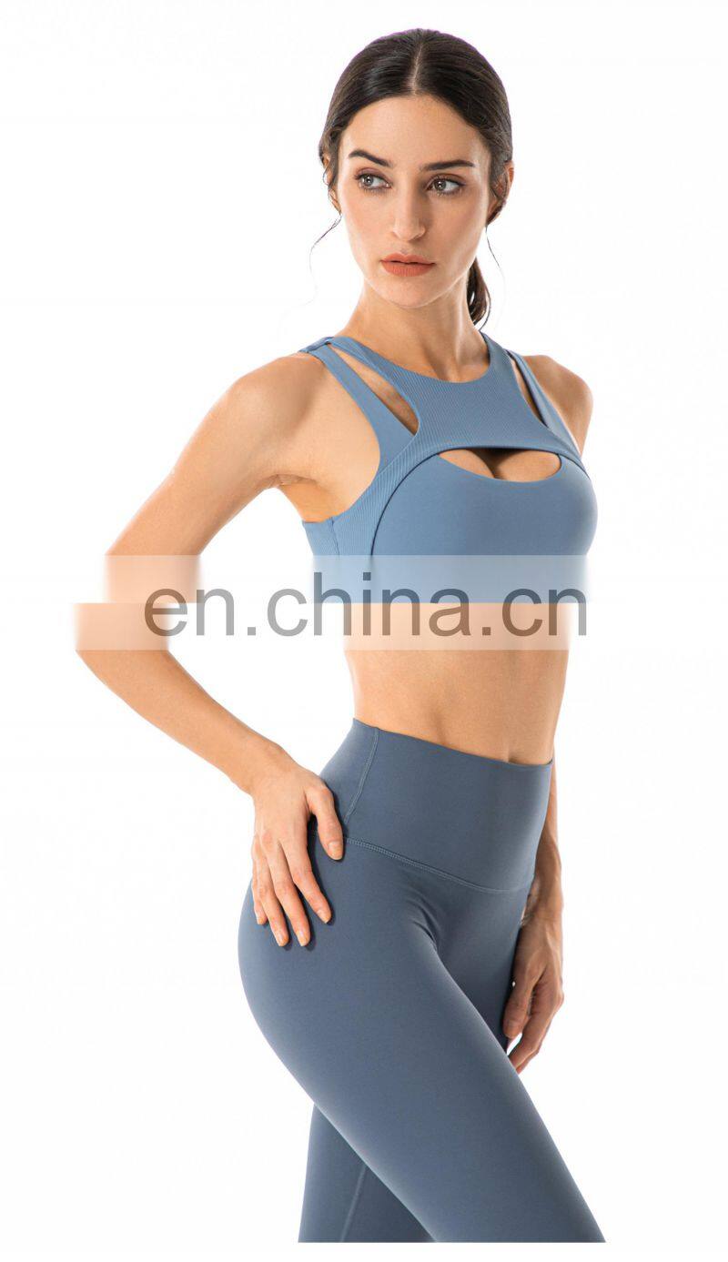 Private Label Workout Sports Bra Leggings Ribbed Hollow Out Sexy Yoga Bra Gym Wear