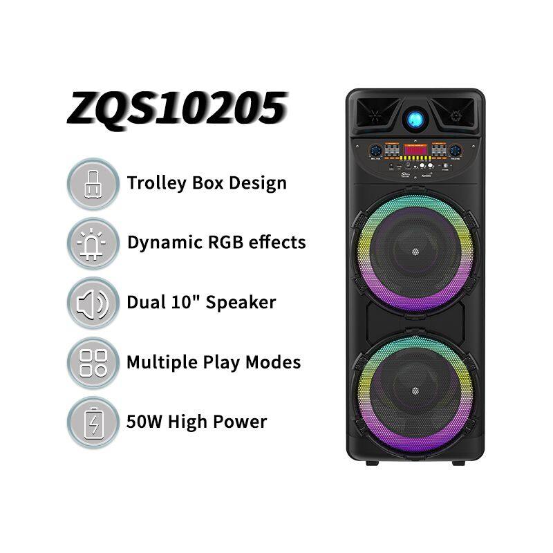 ZQS10205 super power 50W 10-inch*2 bass sound wireless customized party speaker with colorful lights