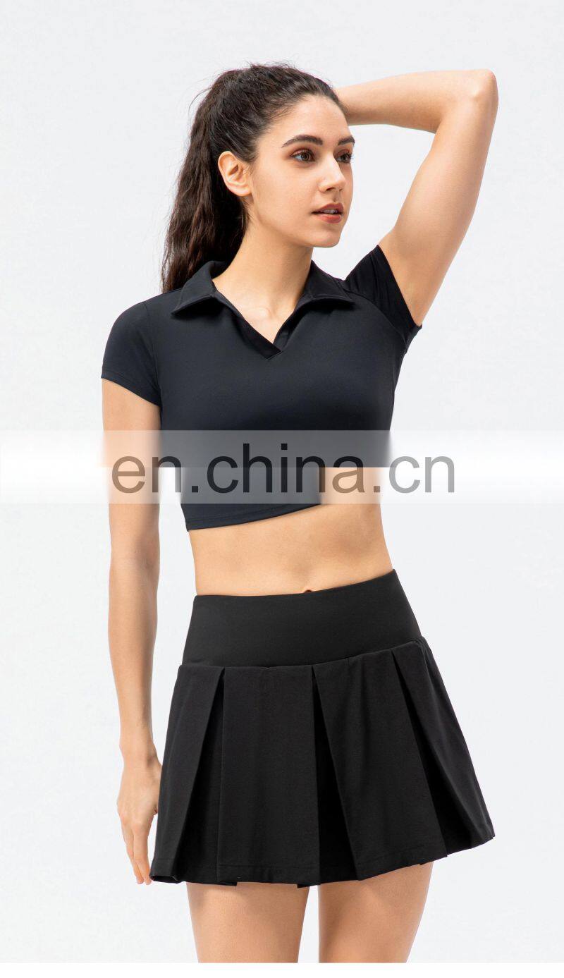 2022 Ladies short sleeve Cropped Collar Top Activewear Slim Fit Outfits Women Pleated Golf Tennis Short