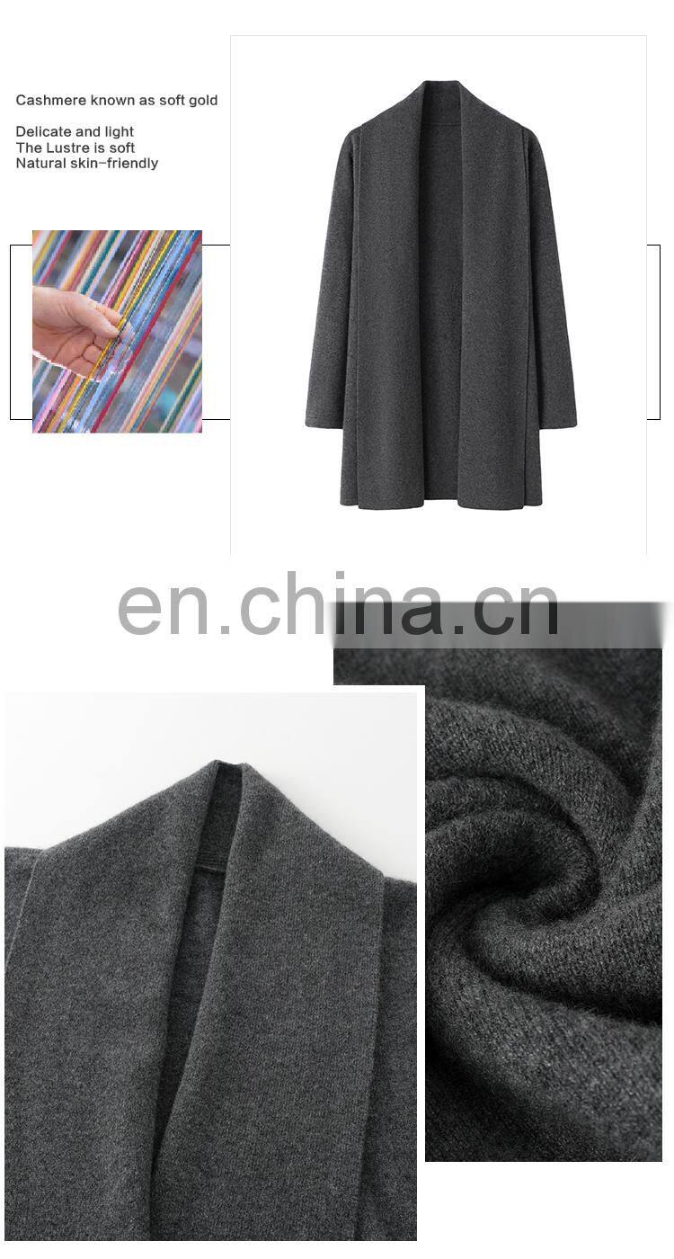 Trendy Loose Knitted 100% Cashmere Cardigan Long Casual Winter Sweater with Solid Pattern and Front Logo for Ladies