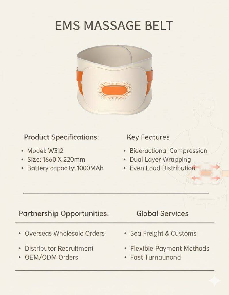 ⚡️ EMS 마사지 벨트(모델: W312)로 한국 헬스/웰니스 카탈로그를 업그레이드하세요! ⚡️