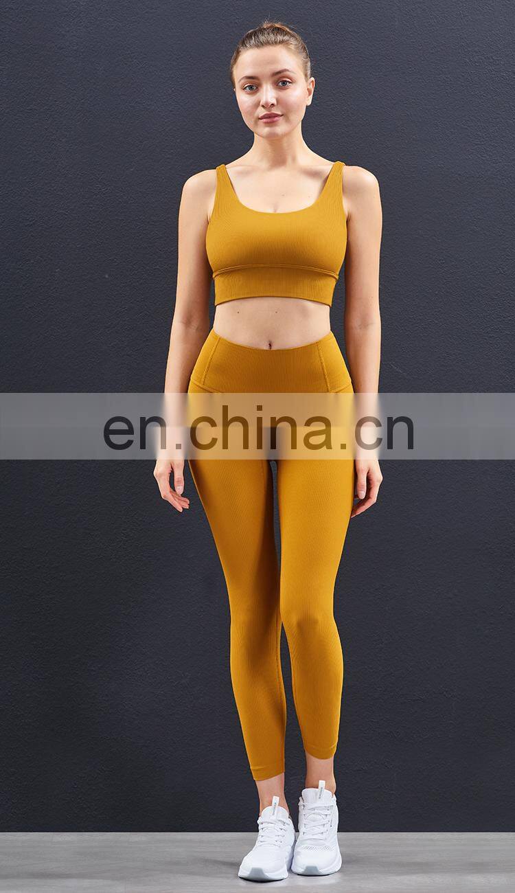 High Quality Workout Outfits Ribbed 2 Piece Yoga Set High Impact Support Wirefree Gym Set Women