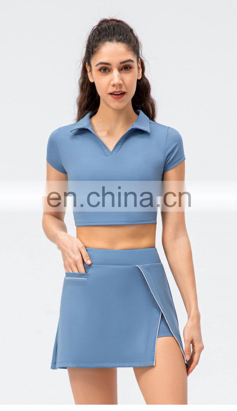2022 Ladies short sleeve Cropped Collar Top Activewear Slim Fit Outfits Women Pleated Golf Tennis Short