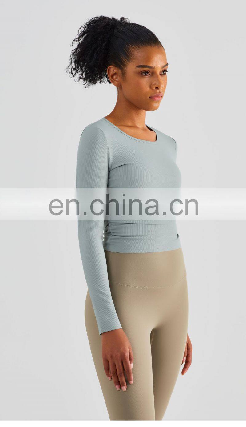 Ribbed Side Folding Yoga Tight Tshirts Factory Sale Women Long Sleeve Outdoor Sports Tops
