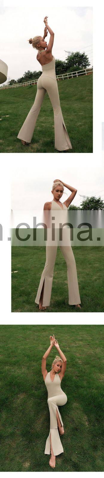 Women Sexy Halter One Piece Yoga Jumpsuits Custom Backless Sports Bodysuit Flared Leggings