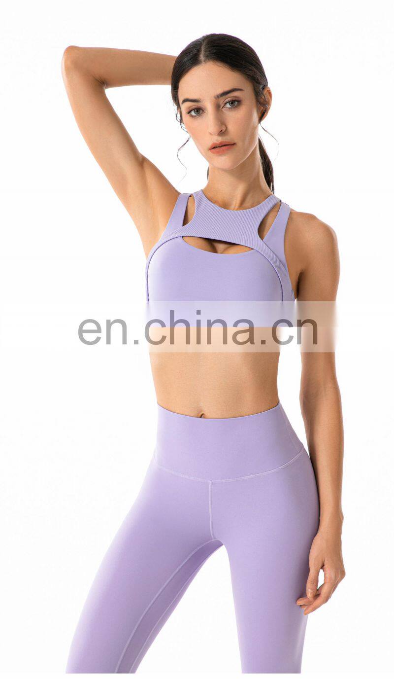 Private Label Workout Sports Bra Leggings Ribbed Hollow Out Sexy Yoga Bra Gym Wear