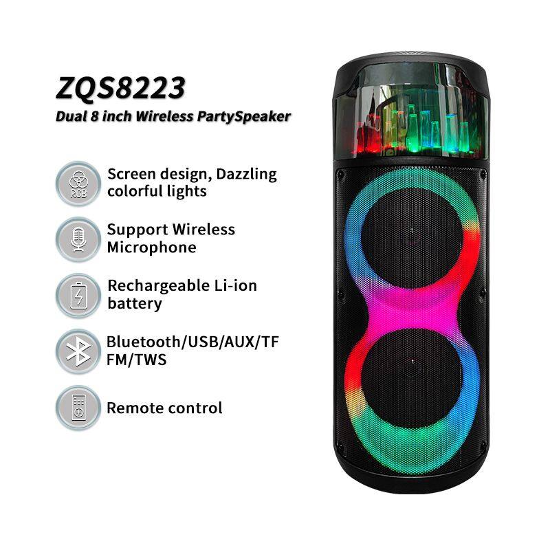 ZQS8223 wholesale 40W power dual 8 inch speaker with mic active party speaker with colorful lights