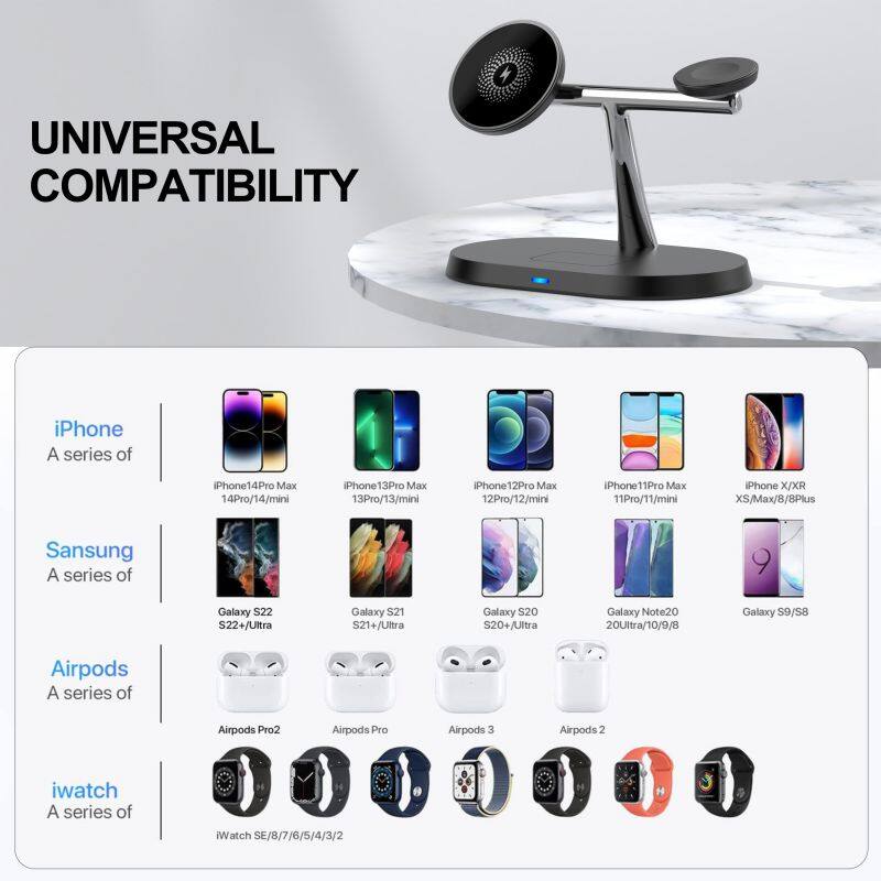 3in1 Magnetic Wireless Charger for iPhone Smart Watch Earphones Multifunctional with Holder