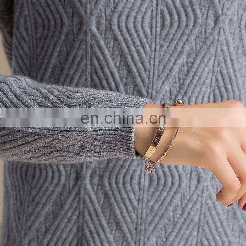 Pure Cashmere Women's round Neck Sweater with Thick Diamond Pattern Women's Clothing