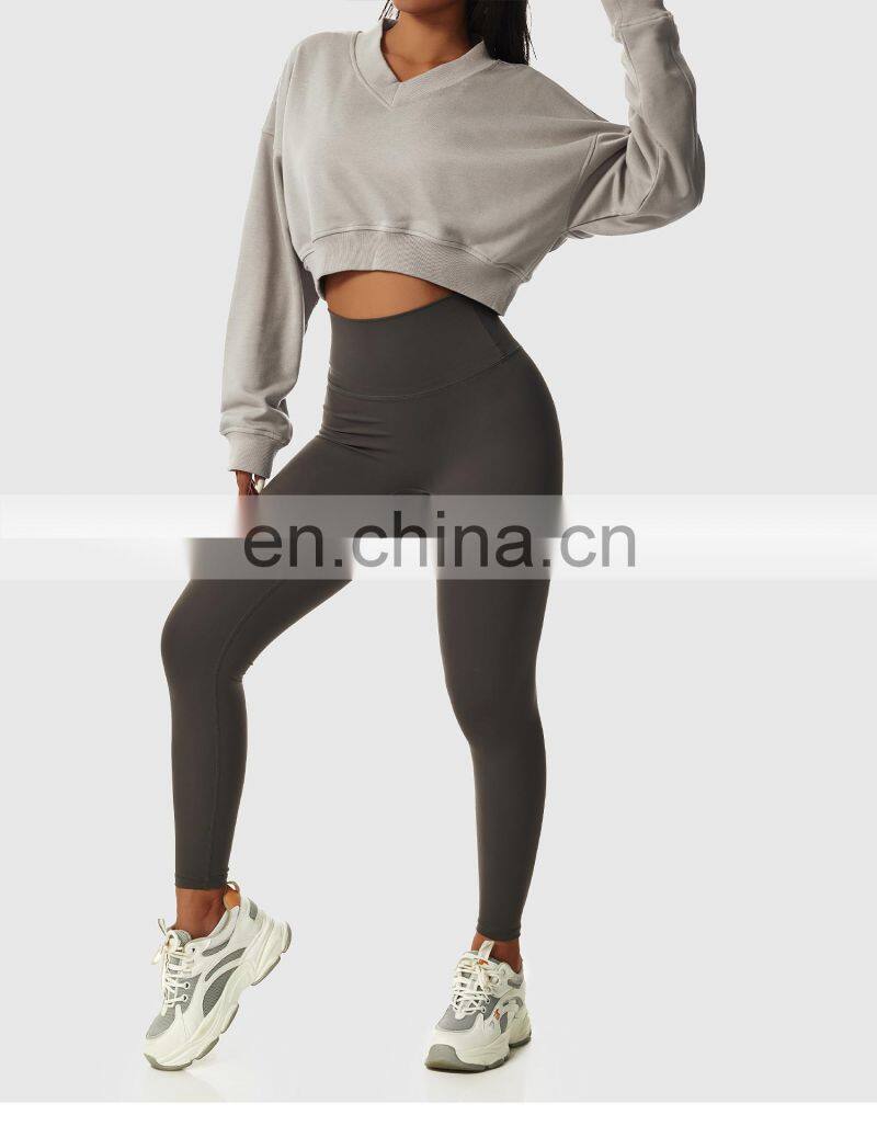 Oversized V Neck Yoga Fitness Sweatshirt Woman Custom Long Sleeves Sport Tank Tops