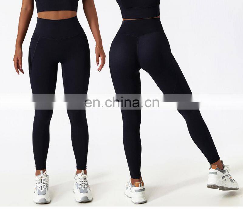Four Way Stretch Yoga Leggings With Pockets Wholesale Women V Back Sports Running Pants
