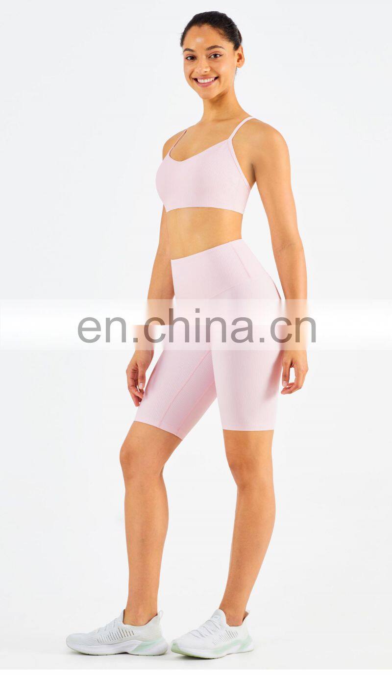 Ribbed Seamless Yoga Short Set Women Summer Activewear Sports Fitness Gym Yoga Bra Cross Back