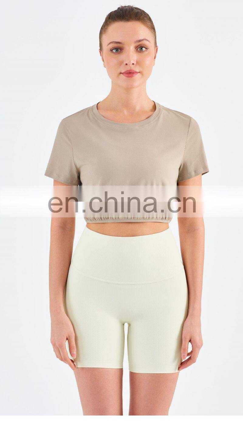 New Double Ribbed Loose Women's T Shirts With Elastic Hem Yoga Fitness Short Sleeve Crop Top