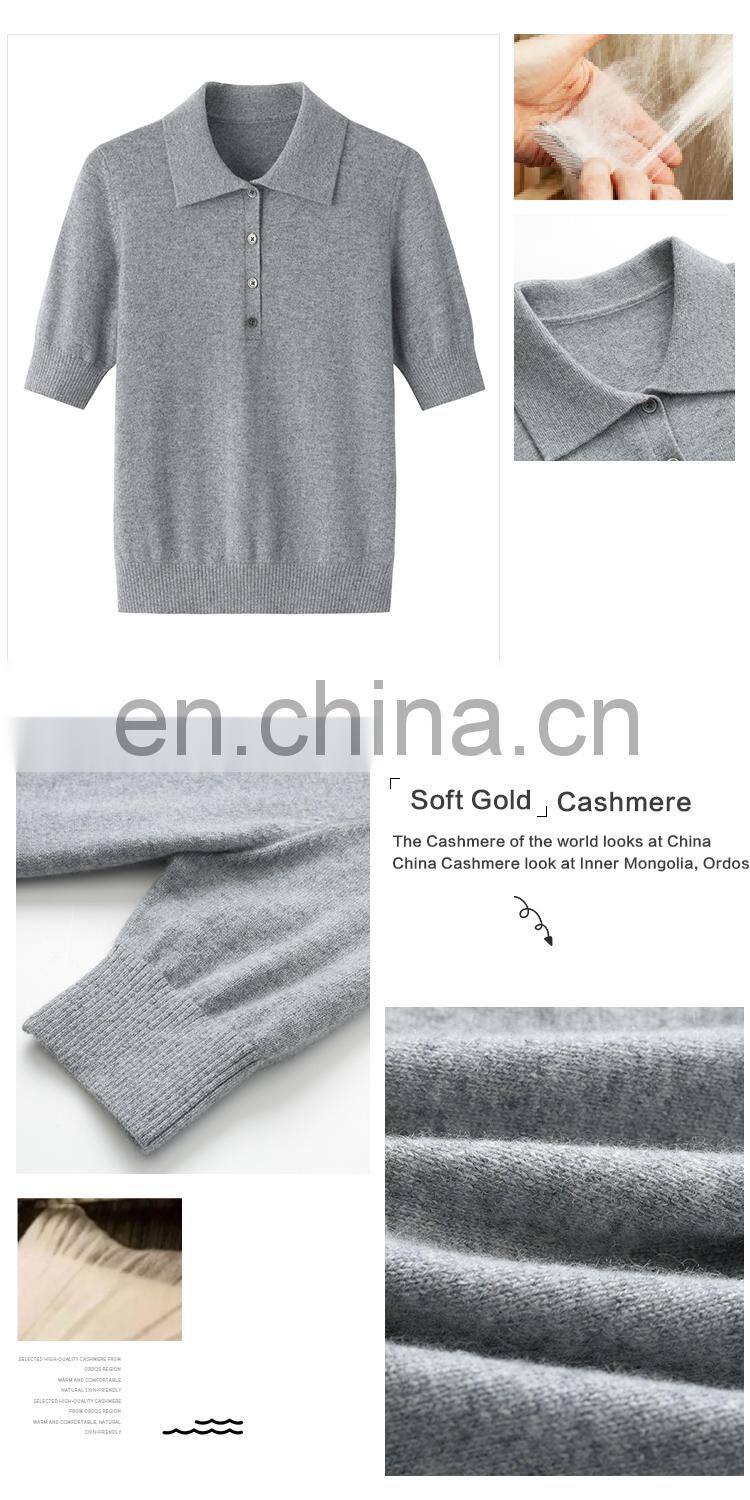 Fashionable Women's Cashmere Knitted Polo Shirt Short Sleeves Formal Style Solid Pattern Button OEM Service Available Spring