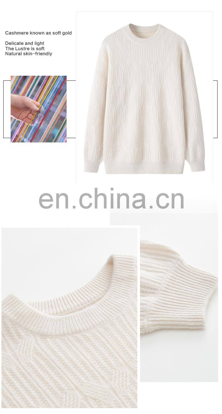 High-End Women's Winter Casual 100% Cashmere Sweater Long Sleeve Solid Pattern Crew Neck Knitted Weave with Front Logo