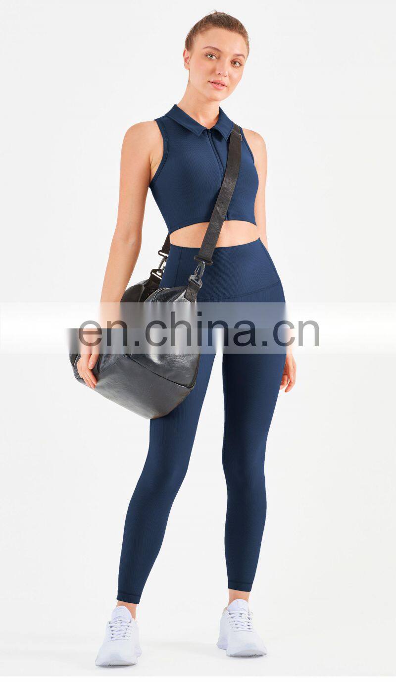 Workout Outfits Sports Ribbed Golf Polo Padded Bra Tank Top Yoga Legging Set Womens