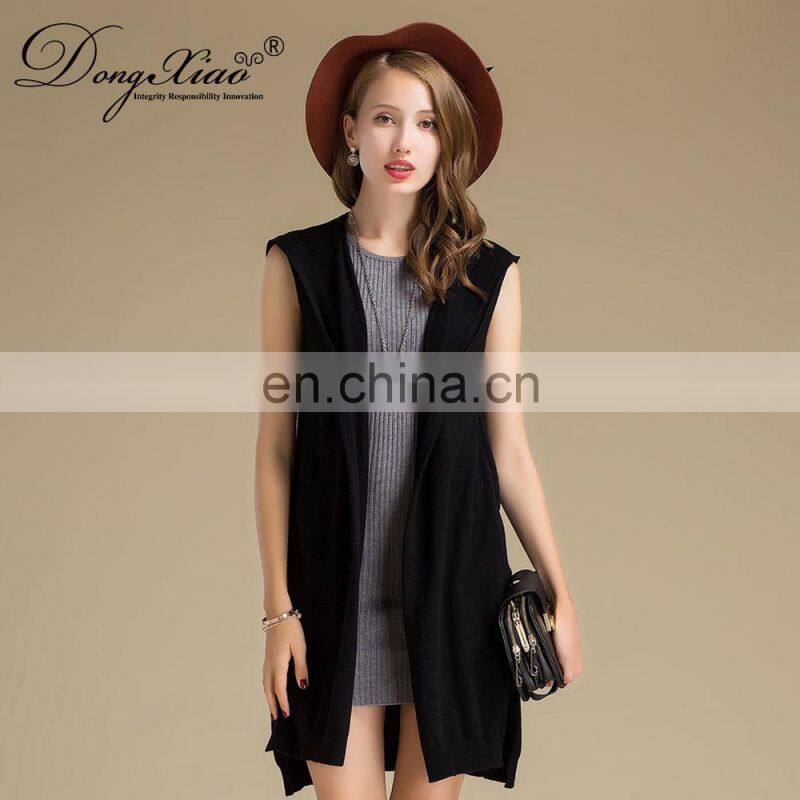 100% Cashmere Women's Sleeveless Hooded Cardigan Sweater Knitted Long Anti-Wrinkle Autumn High Street OEM Service Available