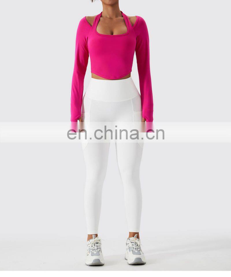 Sexy Halter Neck Long Sleeve Tshirts Women Custom Logo Sports U Hem Skinny Thumb Hole Tops