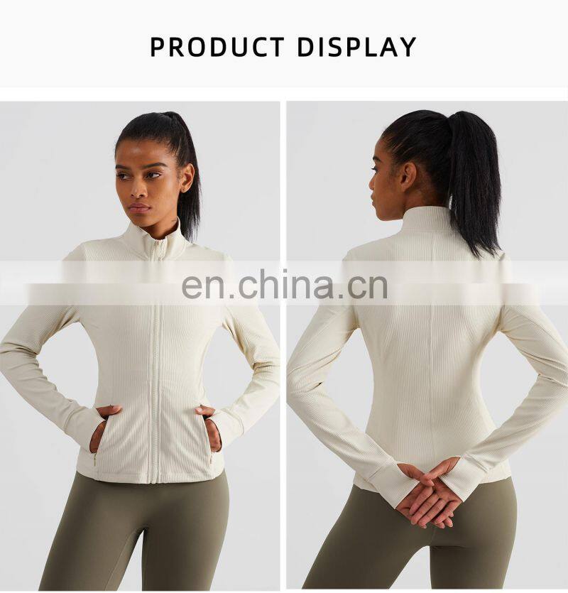 Ribbed Long Sleeve Zipper Tight Tops Workout Clothing Custom Pockets Fitness Yoga Jackets