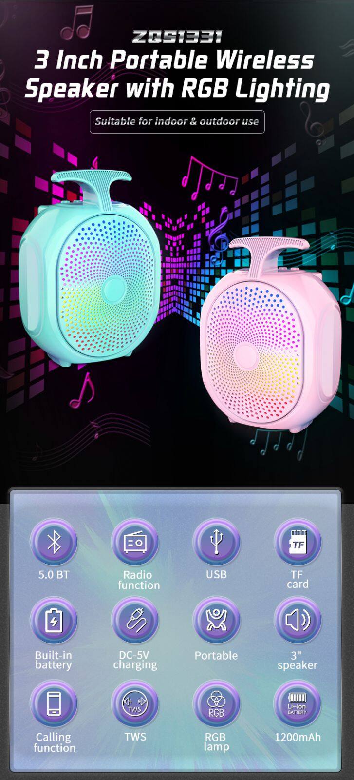 ZQS1331 OEM bass sound portable 3-inch speaker 5W power wireless bluetooth speaker for outdoor