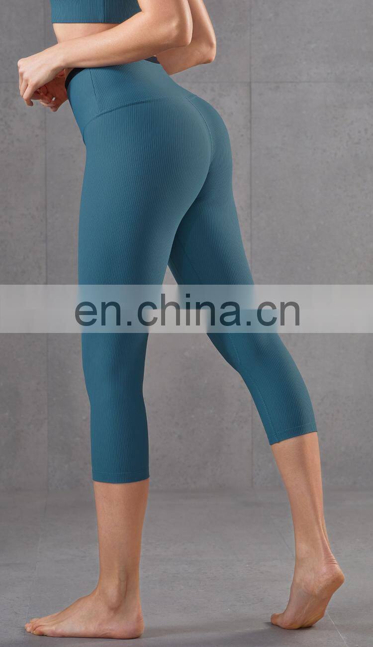 Hot Ribber Fabric Capri Sport Legging High Waist Women Yoga Pants Splice Color OEM