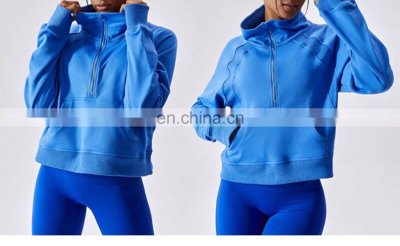 Factory Sale Half Zip Crop Pullover Womens Long Sleeve Stand Neck Hoodies With Pocket