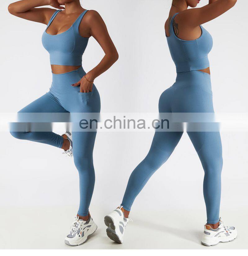 4 Pcs Sportswear Women Yoga Biker Pockets Shorts Oem Gym Fitness One Shoulder Sexy Bra Sets