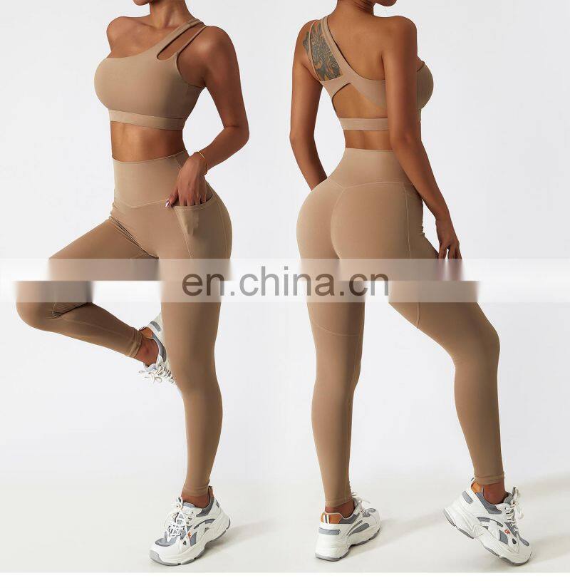 4 Pcs Sportswear Women Yoga Biker Pockets Shorts Oem Gym Fitness One Shoulder Sexy Bra Sets