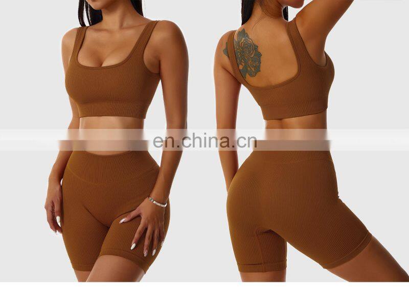 Seamless Wholesale Ribbed Wide Straps Fitness Yoga Bras Workout High Impact Sports Tops