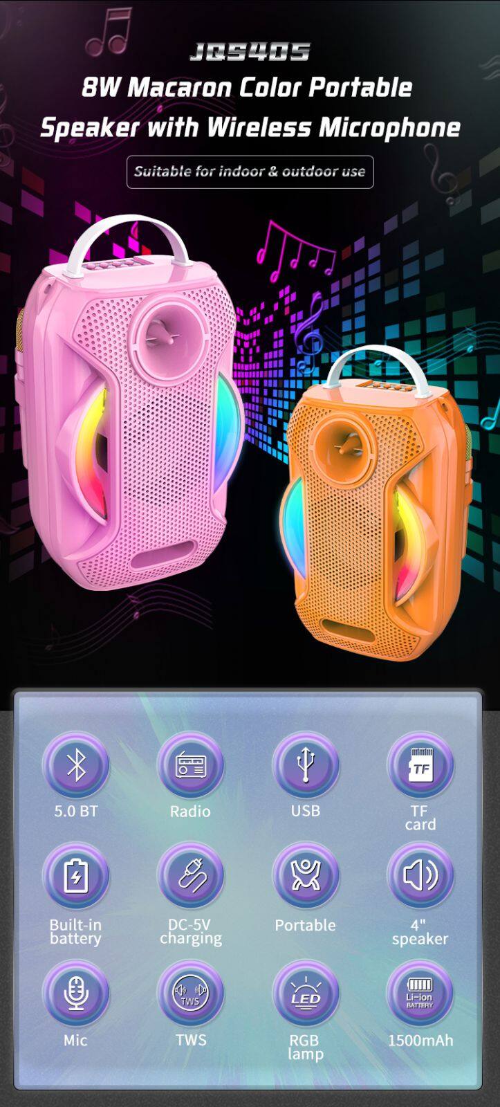 JQS405 OEM bass sound portable 4-inch speaker 8W power wireless bluetooth speaker for outdoor