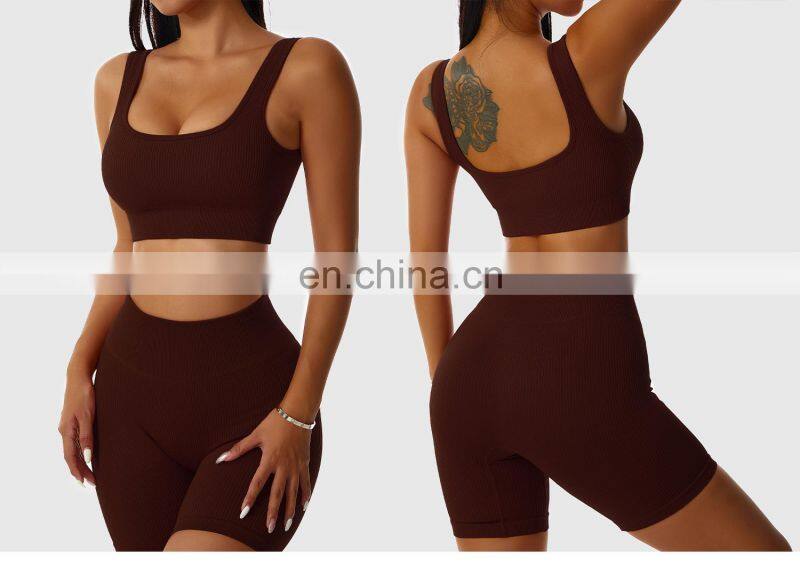 Seamless Wholesale Ribbed Wide Straps Fitness Yoga Bras Workout High Impact Sports Tops