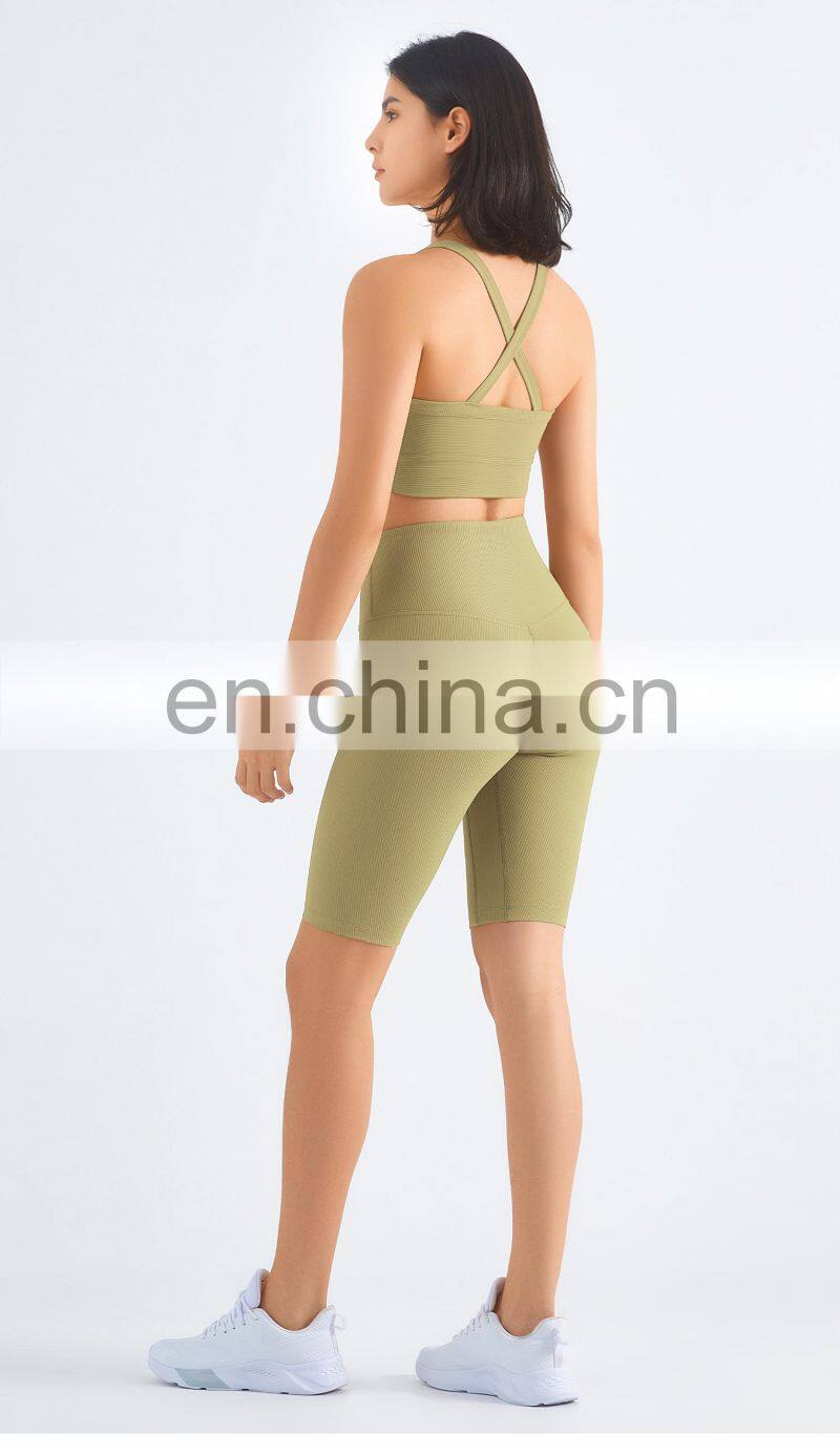 Tik Tok Ribbed Cross Back Sports Bra Workout Breathable Gym High Impact Yoga Top
