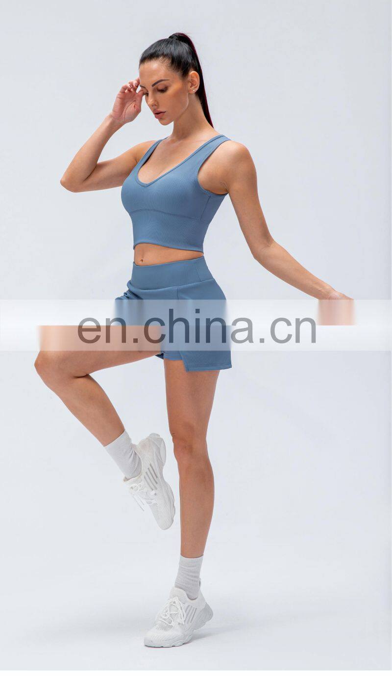 New Rib Two Piece Anti-Glare High Waist Sports Women Fitness Golf Tennis Skirts With Pockets