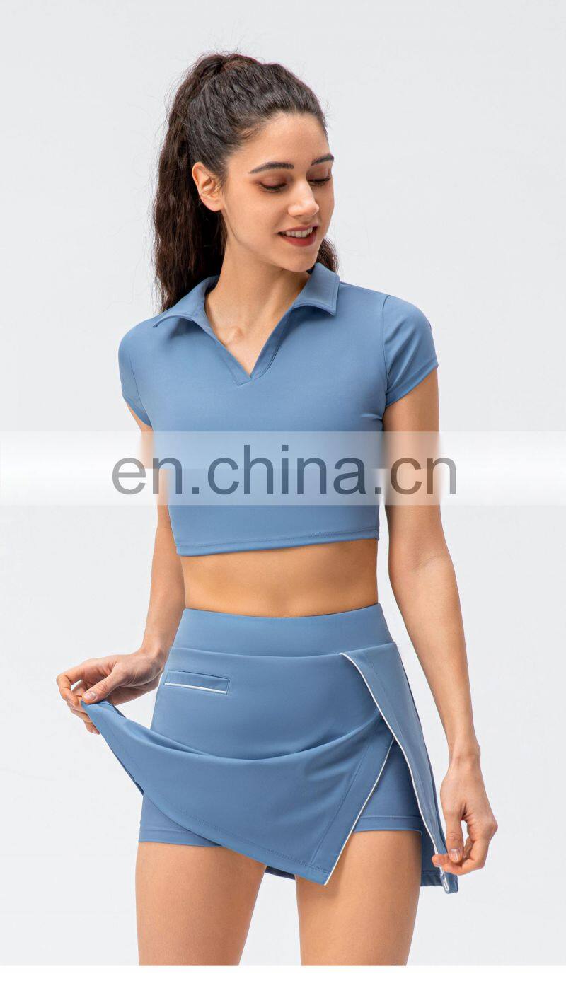 2022 Ladies short sleeve Cropped Collar Top Activewear Slim Fit Outfits Women Pleated Golf Tennis Short