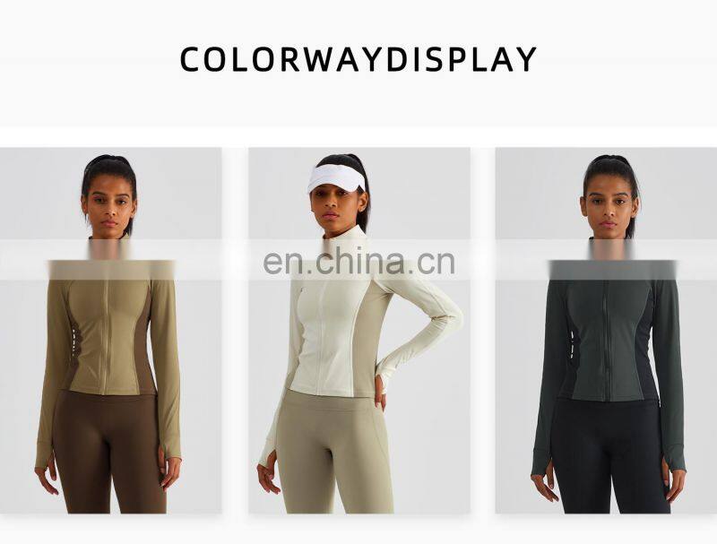 Contrasting Colors Silm Women Yoga Outdoor Jackets Custom Zipper Long Sleeves Sports Wear