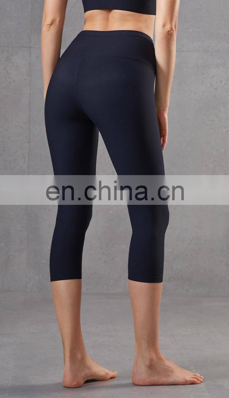 Hot Ribber Fabric Capri Sport Legging High Waist Women Yoga Pants Splice Color OEM