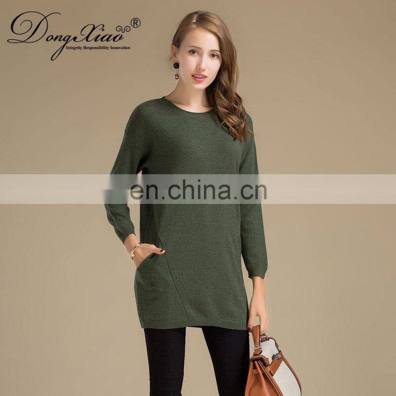 Lady Fashion Winter Warm Casual Long Dress Vintage 100% Cashmere Sweater O-Neck Collar Knitted Weaving OEM Service Available