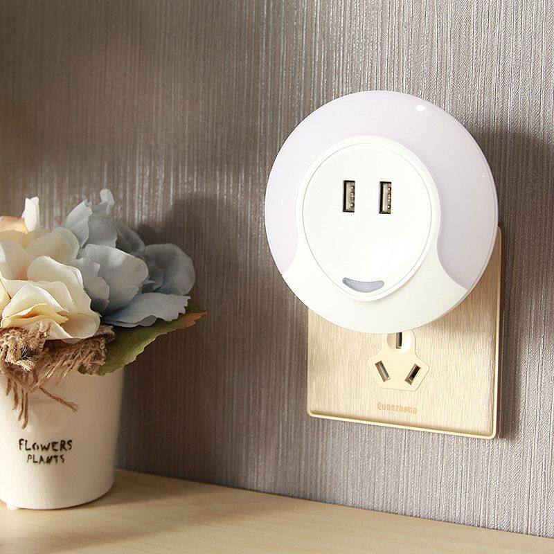Dual USB Wall Charger Led Sensor Night Lamp With Auto Mode And Always On/Off Mode