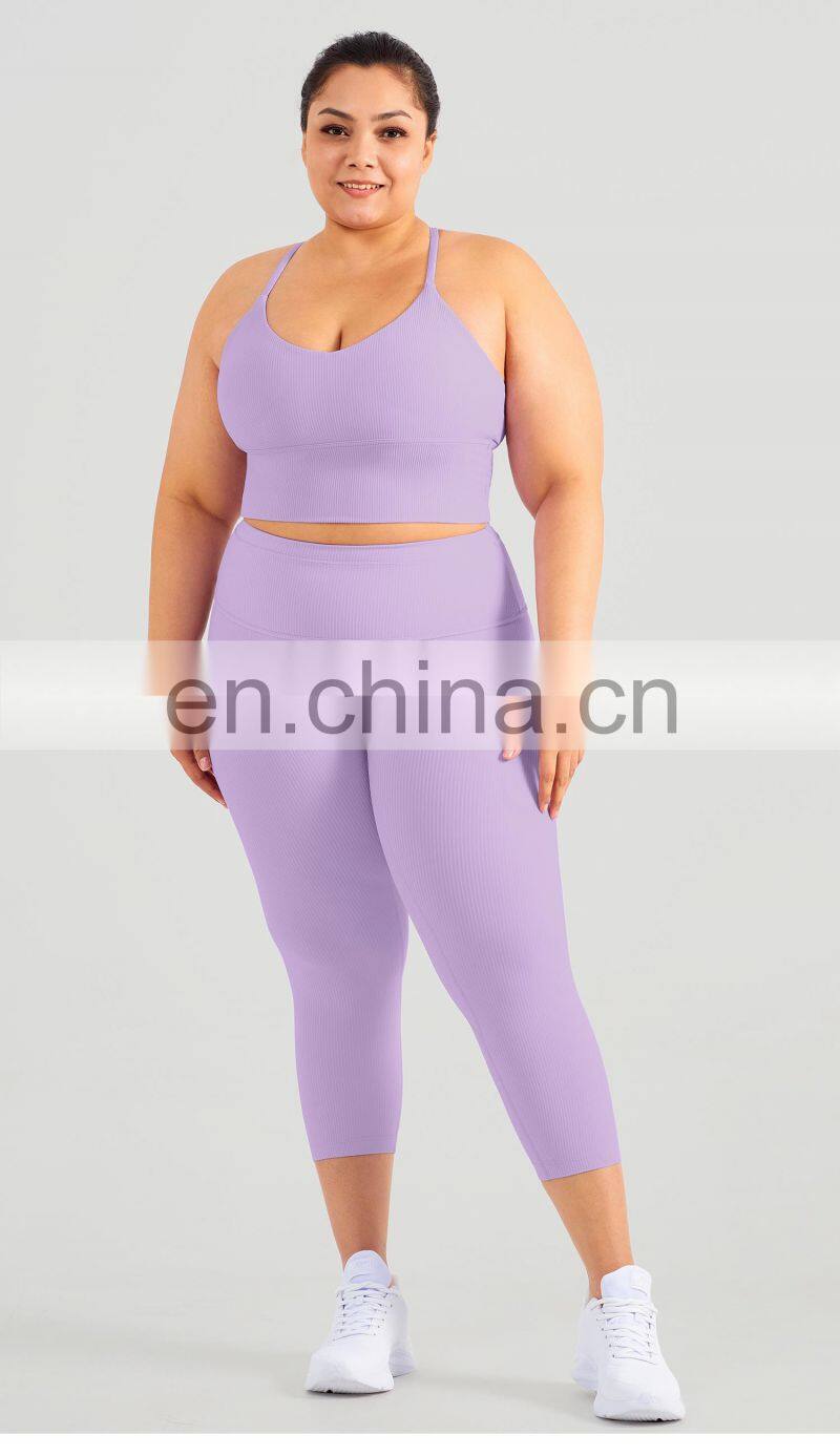 Odm Rib Splice Color Plus Size Sport Set Gym Backless Workout Bra High Waist Legging