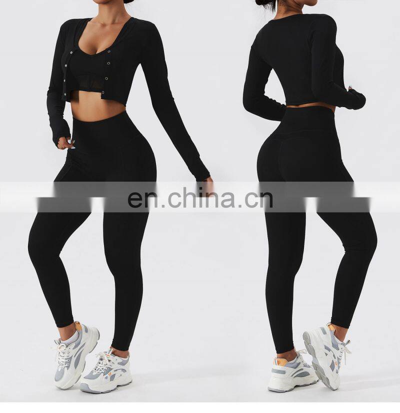 3 Pcs Sexy Mesh Bra Sports Sets Custom Fitness Women Yoga Long Sleeve Yoga Tops Suits