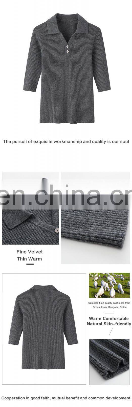 Ladies Pure Cashmere Pullover Spring Half-Sleeve Slim Fit Rib Knitted Polo Neck Sweater Turn-Down Collar Button Casual
