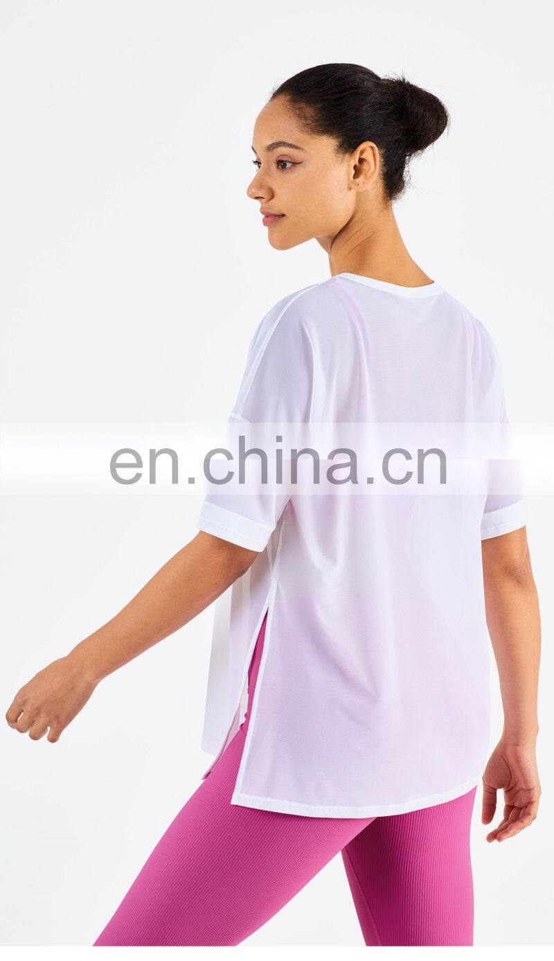 Side Waist Slit Design Mesh Sports Gym T Shirt Fashion Girl Yoga Short Sleeve Eco Fabric