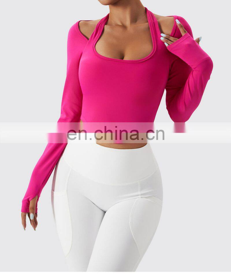 Sexy Halter Neck Long Sleeve Tshirts Women Custom Logo Sports U Hem Skinny Thumb Hole Tops
