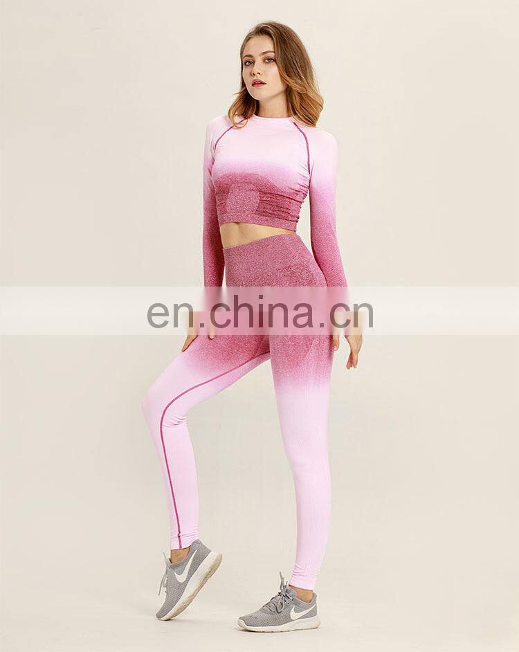 2pcs/set Women Sport Suit Workout Clothes Long Sleeve Fitness Crop Top + High Waist Seamless Leggings womens gym wear set