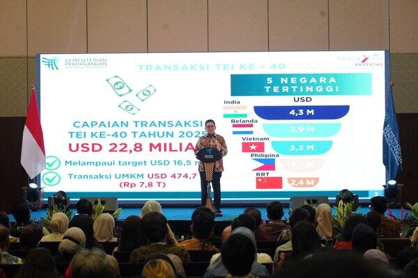 Minister of Trade Budi Santoso delivers a presentation on the results of the 40th Trade Expo Indonesia (TEI) 2025, highlighting total transactions of USD 22.8 billion over five days, exceeding the set target and marking a record achievement in Indonesia’s export performance. Minister of Trade Budi Santoso delivers a presentation on the results of the 40th Trade Expo Indonesia (TEI) 2025, highlighting total transactions of USD 22.8 billion over five days, exceeding the set target and marking a record achievement in Indonesia’s export performance.