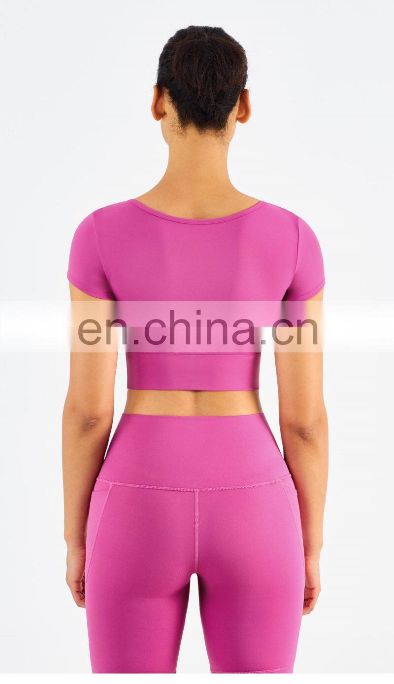 Cute Women's Sports V Neck T-Shirts With Padded Slim Short Sleeve High Strech Spandex