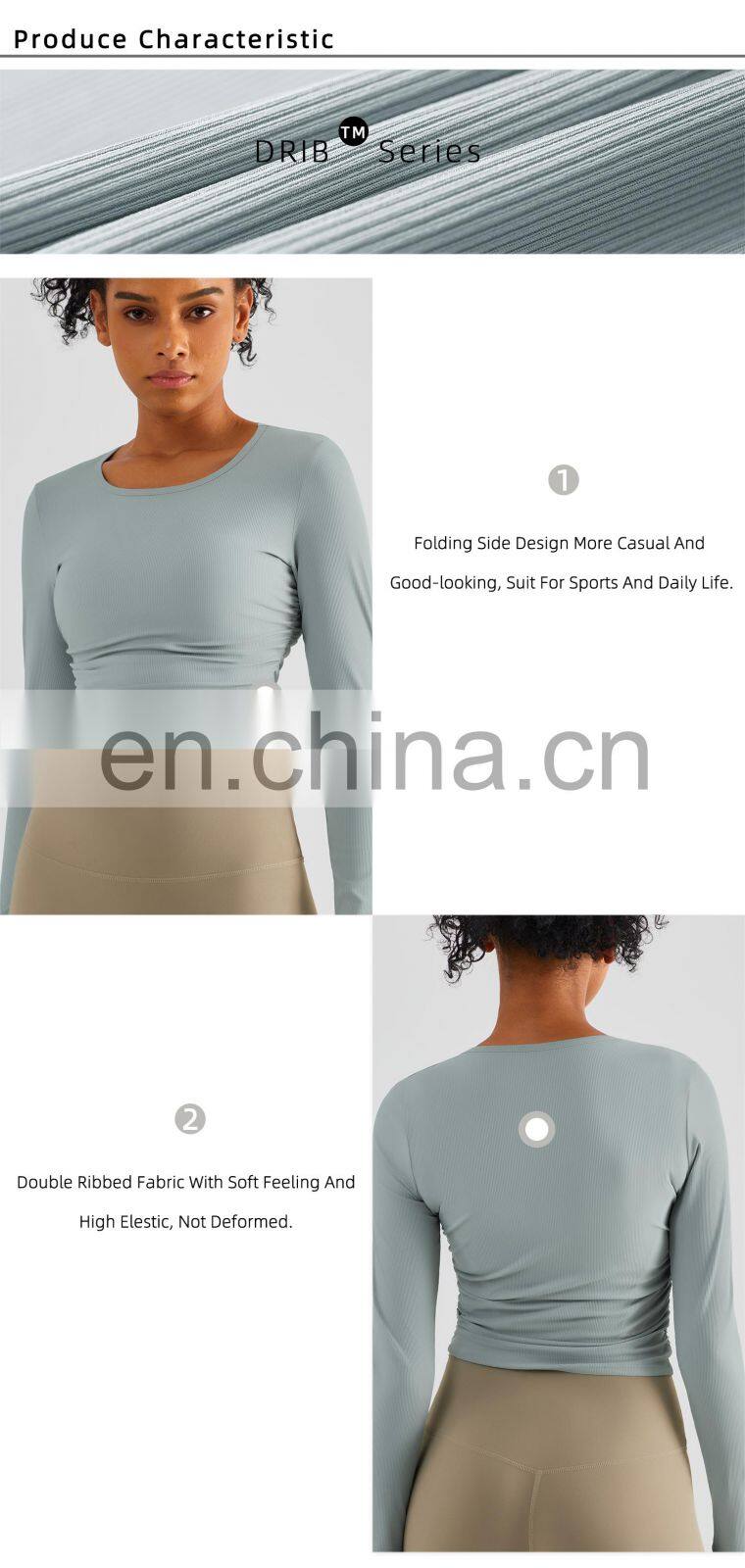 Ribbed Side Folding Yoga Tight Tshirts Factory Sale Women Long Sleeve Outdoor Sports Tops