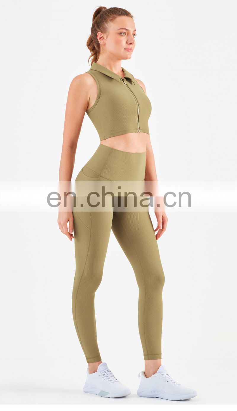 Workout Outfits Sports Ribbed Golf Polo Padded Bra Tank Top Yoga Legging Set Womens