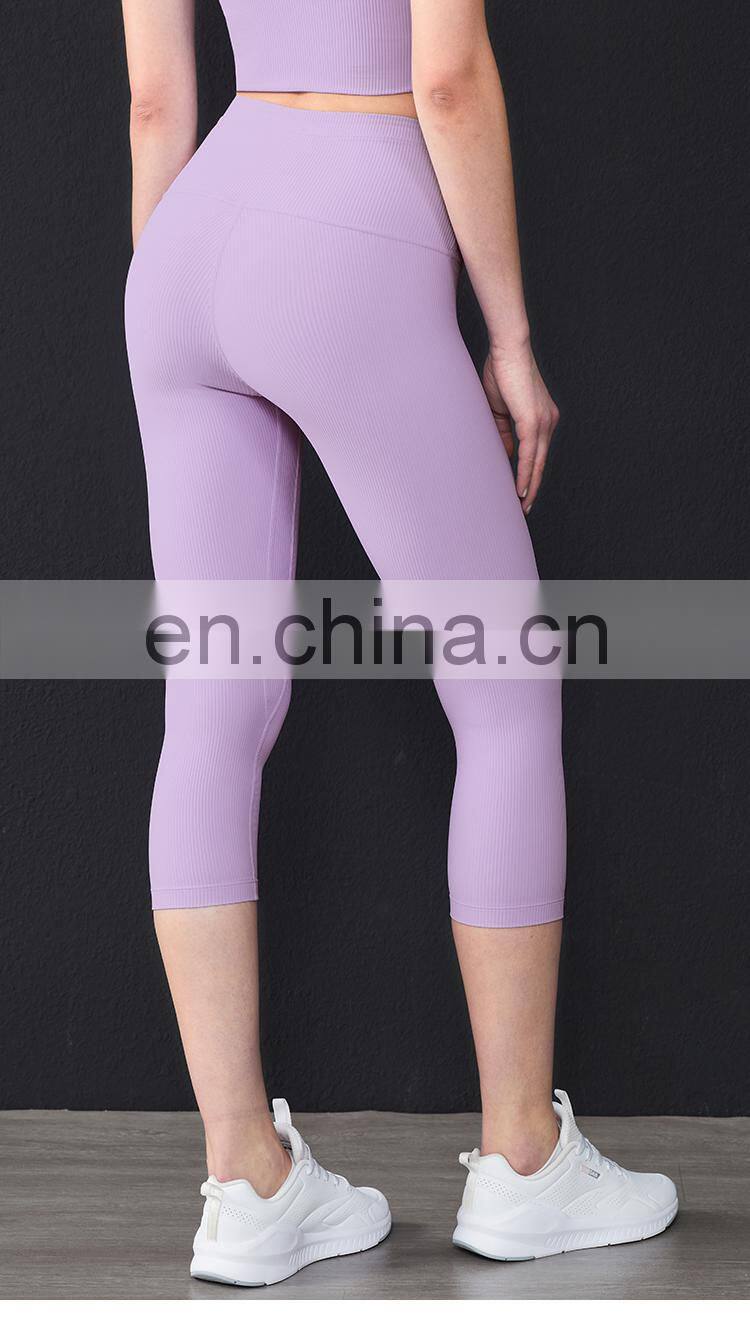 Hot Ribber Fabric Capri Sport Legging High Waist Women Yoga Pants Splice Color OEM