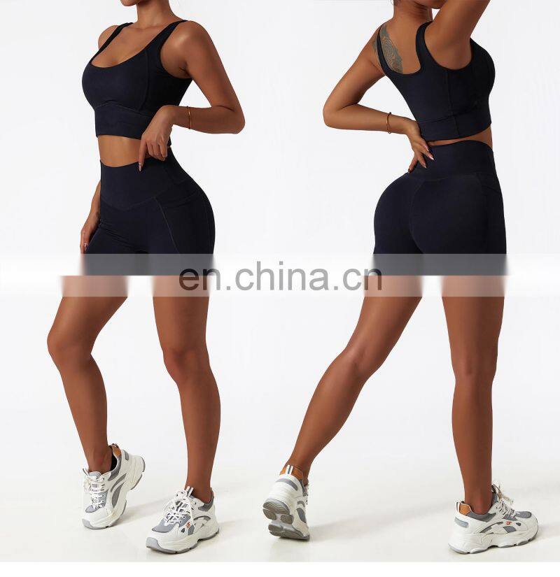 4 Pcs Sportswear Women Yoga Biker Pockets Shorts Oem Gym Fitness One Shoulder Sexy Bra Sets